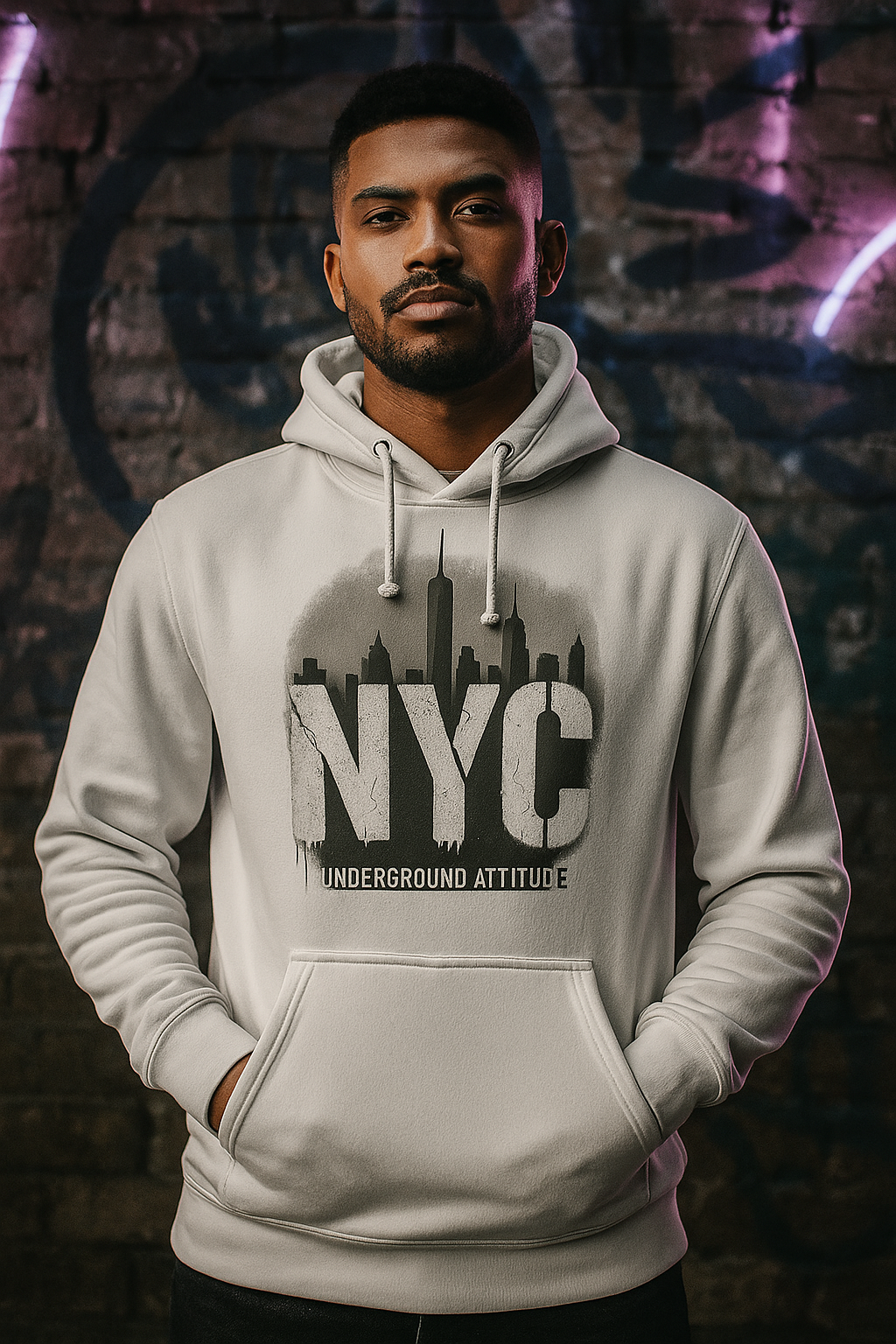 Sudadera Blanca con Capucha “NYC – Underground Attitude”